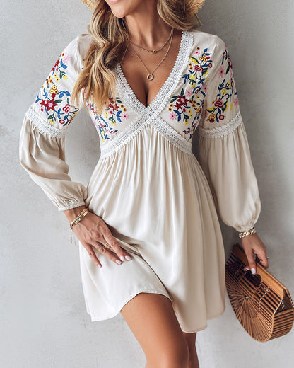 Women's Embroidered V-neck Casual Skirt Dress - 16th Avenue