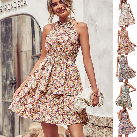 Summer Printed Halter Fashion Boho Backless Ruffled A-Line Beach Dress
