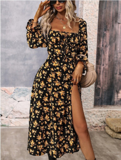 Flowers Print Long Sleeve Fashion Square-neck Bottom Slit Dress - 16th Avenue
