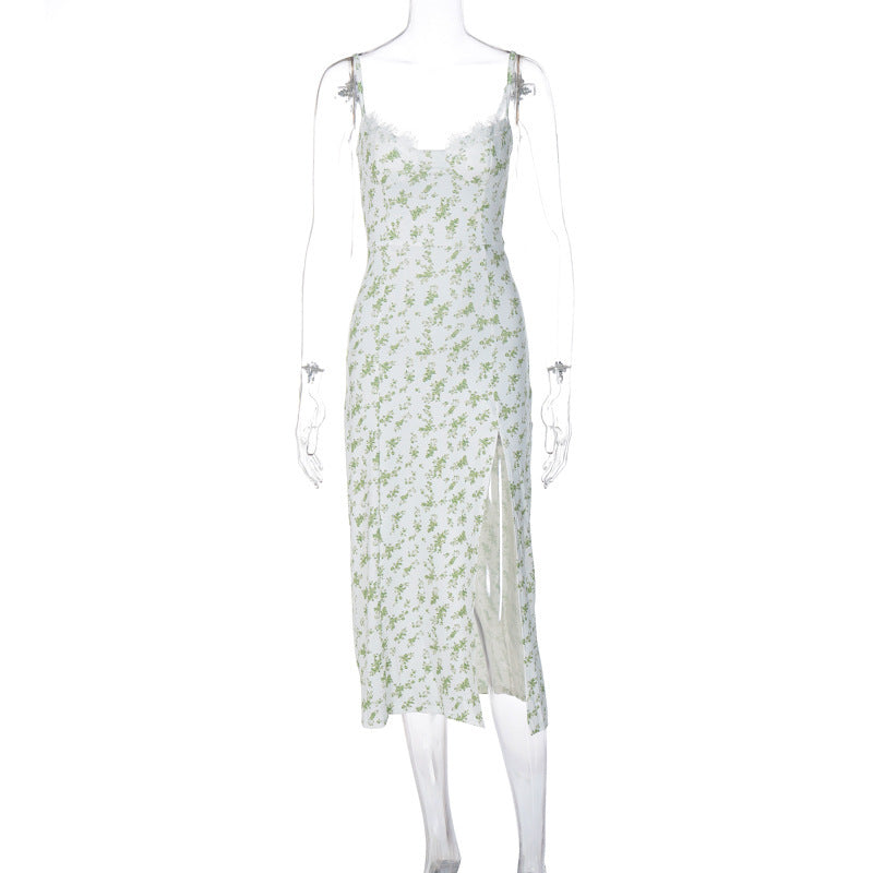 Summer Lace Flowers Print Long Sexy Fashion Slit Suspender Dress