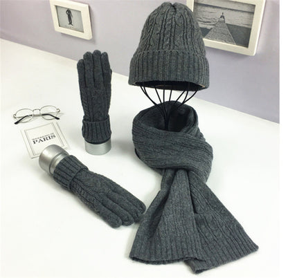 Ladies Fashion Solid Color Twist Warm Hat Scarf Glove Set