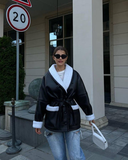 Women's Korean Style Leather And Fur Long Sleeve Coat