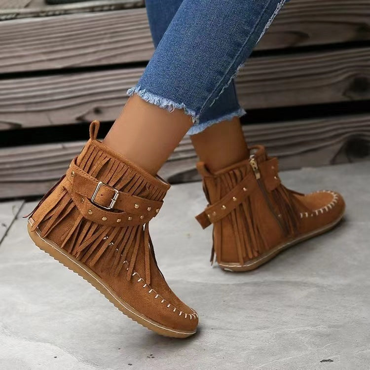 Women's Retro Ankle Rivet Tassel Flat Shoes