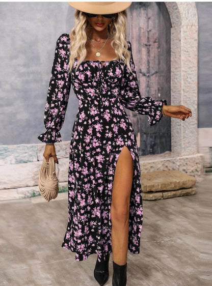 Flowers Print Long Sleeve Fashion Square-neck Bottom Slit Dress - 16th Avenue