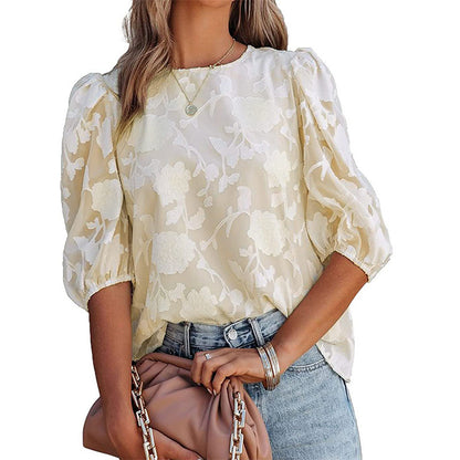 Puff Sleeve Chiffon Loose Top Flower Texture Shirt - 16th Avenue