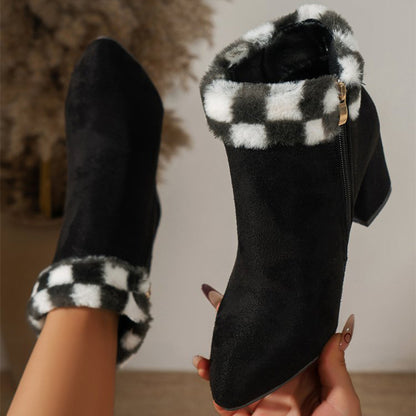 Plaid Print Plush Ankle Autumn Winter Fashion Boots - 16th Avenue