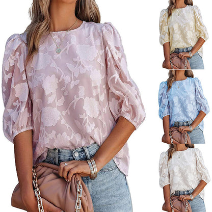 Puff Sleeve Chiffon Loose Top Flower Texture Shirt - 16th Avenue