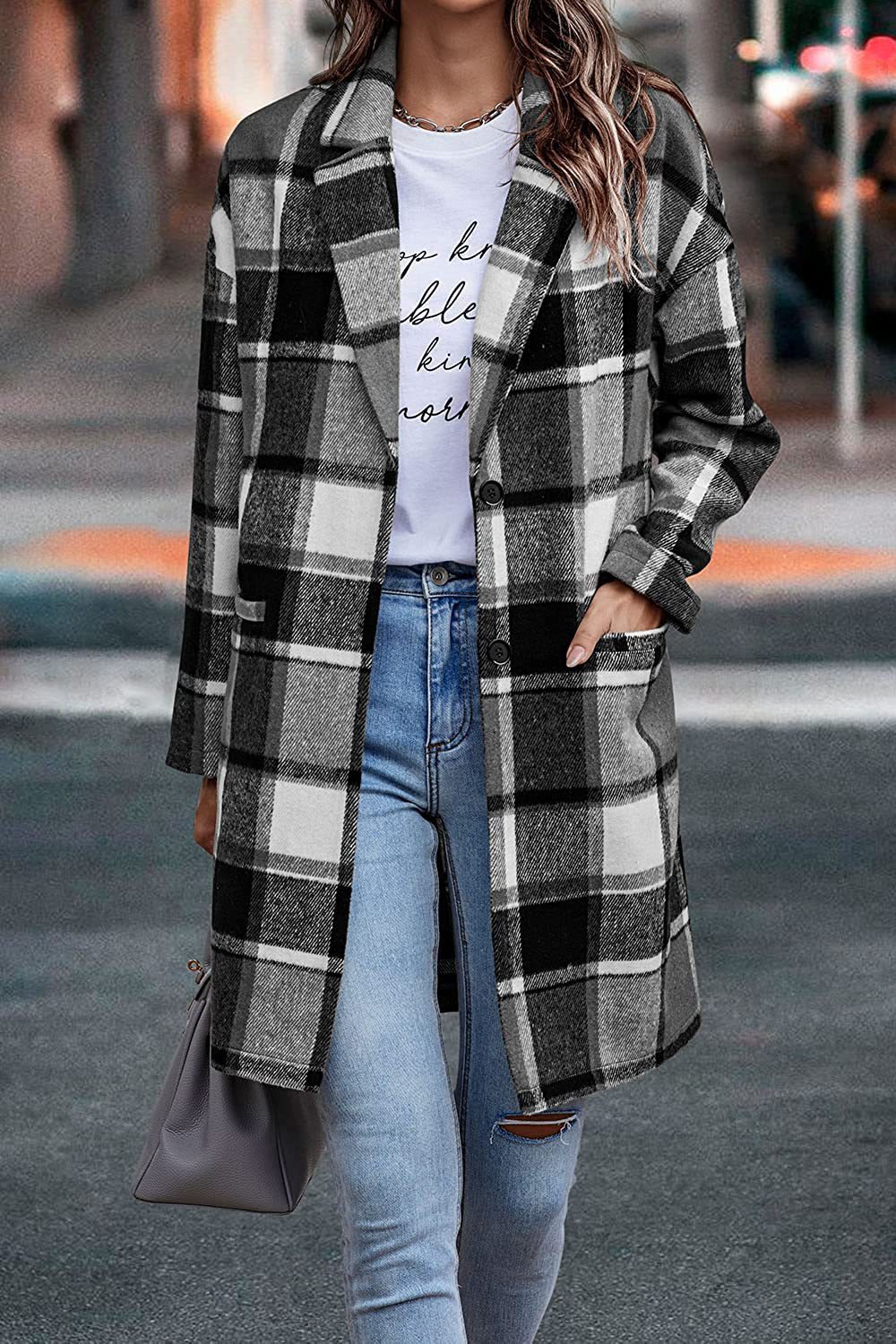 Fashion Plaid Long Jacket Autumn And Winter Turndown Collar Woolen Coat