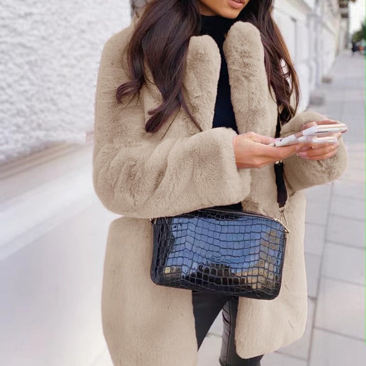 Temperament Long Sleeve Lapel Faux Fur Coat