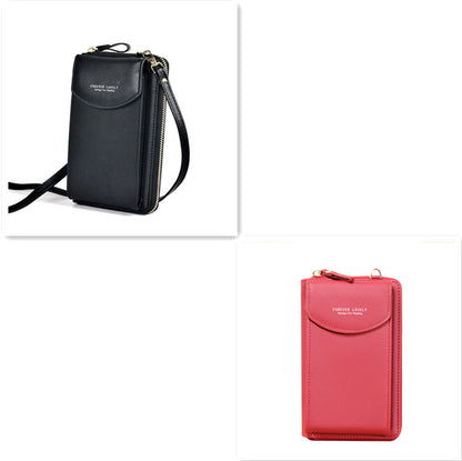 Black and red leather crossbody phone purses with zippers on white background