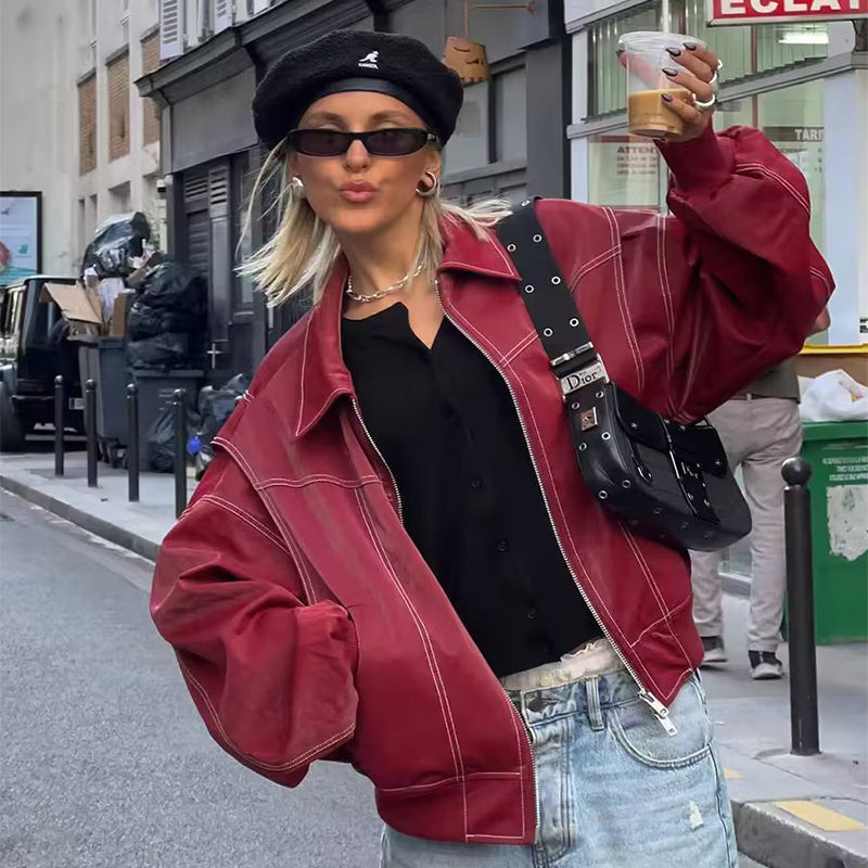 Loose Fashion Lapel Zip-up Long Sleeve Leather Jacket