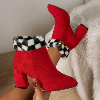 Plaid Print Plush Ankle Autumn Winter Fashion Boots - 16th Avenue