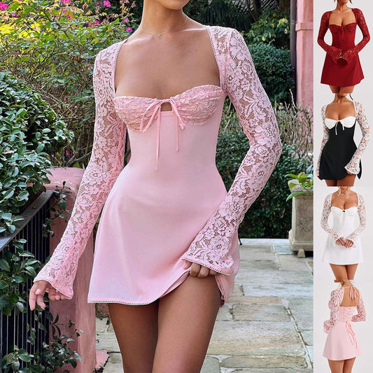 Fashion Corset Lace Long Sleeve Sexy Y2K Backless Short Dress