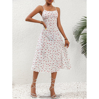 New Polka Dot Print Suspender Sexy Slit Summer Long Dress - 16th Avenue