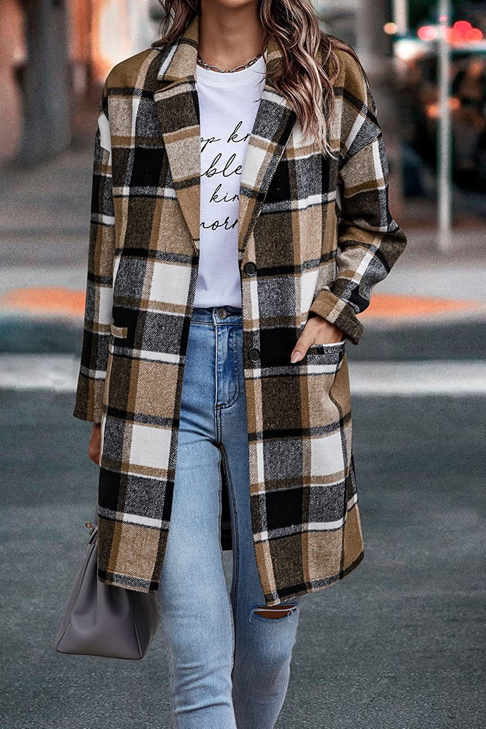 Fashion Plaid Long Jacket Autumn And Winter Turndown Collar Woolen Coat