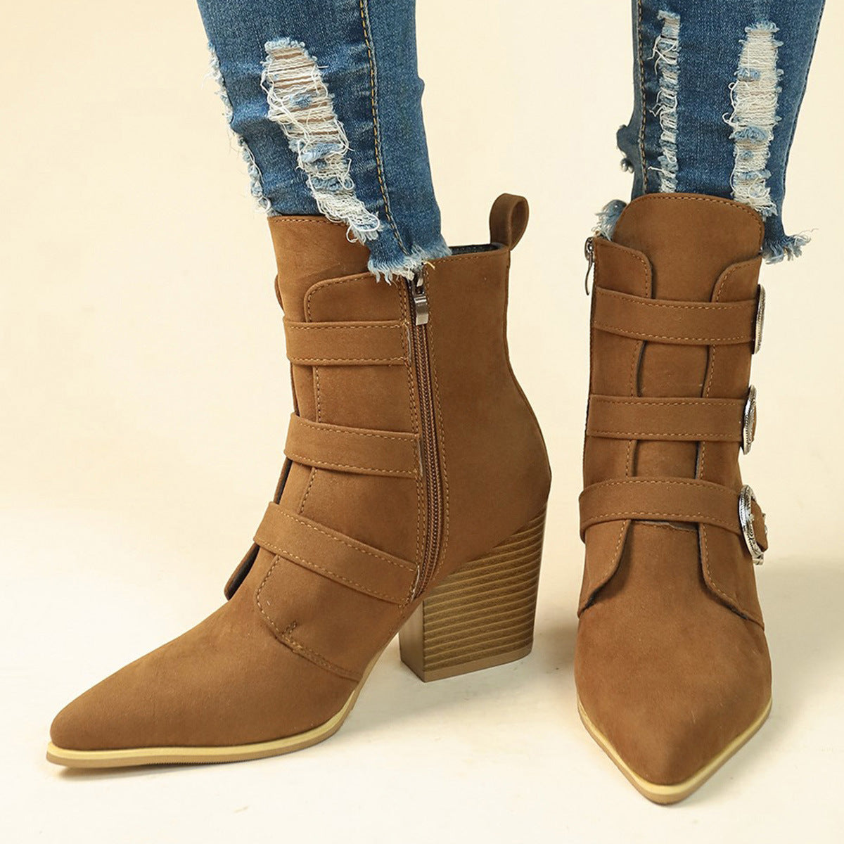 Pointed Toe Boots With Belt Buckle Retro Design