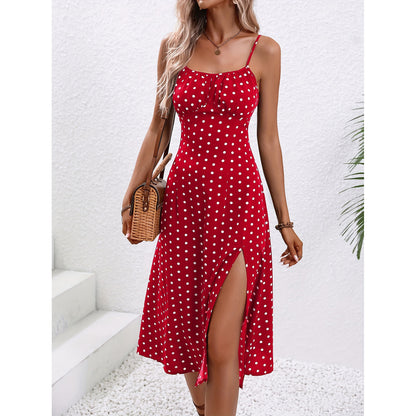 New Polka Dot Print Suspender Sexy Slit Summer Long Dress - 16th Avenue