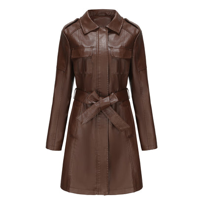 New European And American-style Mid-length Leather Coat
