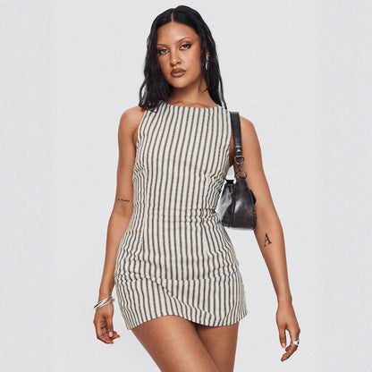 Round-neck Comfortable Casual Striped Sleeveless Dress - 16th Avenue