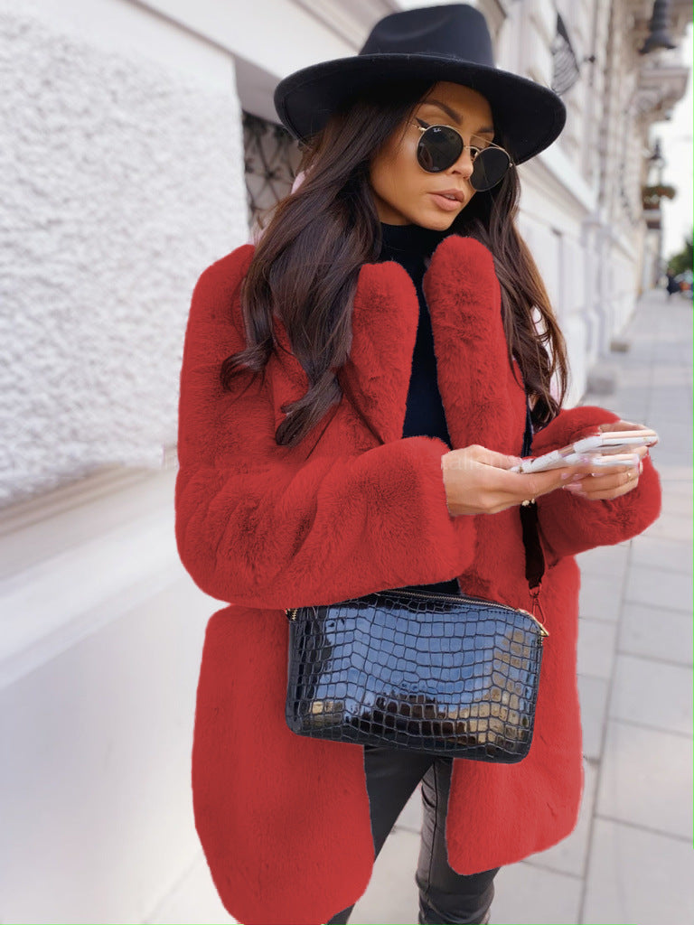 Temperament Long Sleeve Lapel Faux Fur Coat
