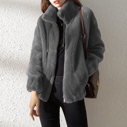 Double Faced Fleece Warm High Neck Women's Cardigan Sweater
