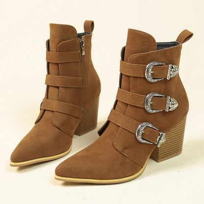 Pointed Toe Boots With Belt Buckle Retro Design - 16th Avenue