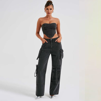 Women's Low Waist Three-dimensional Tube Top And Pocket Stitching Jeans Pants - 16th Avenue