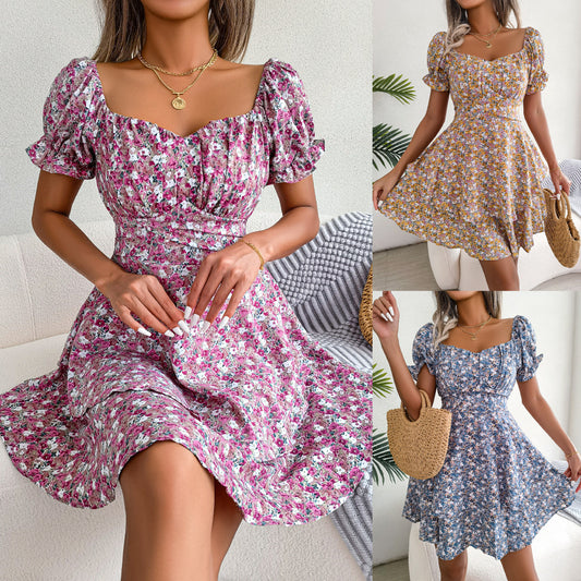 Women Mini Dress Temperament Big Swing Loose Hem Flower Print