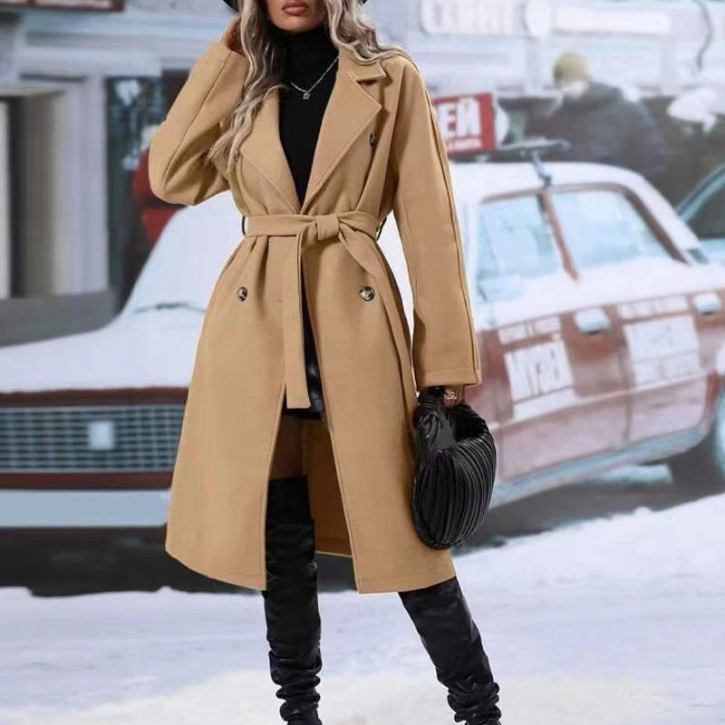 Fashion Lapel Double-breasted Trench Coat With Belt