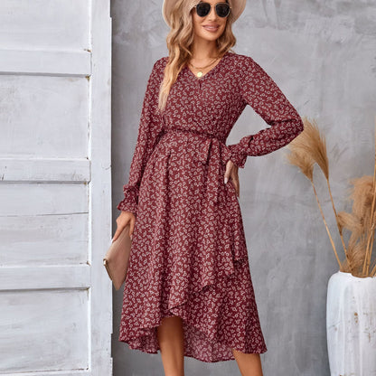 Flowers Print Long Sleeve Ruffled Commuter Temperament Dress - 16th Avenue