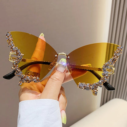 Luxury Diamond Butterfly Sunglasses Y2K Vintage Rimless Oversized Sun Glasses - 16th Avenue