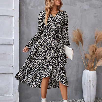 Flowers Print Long Sleeve Ruffled Commuter Temperament Dress - 16th Avenue