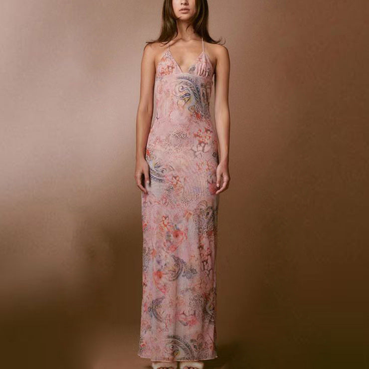 Sexy Spring Summer Floral Print Halter Spaghetti Strap Butterfly Back Dress