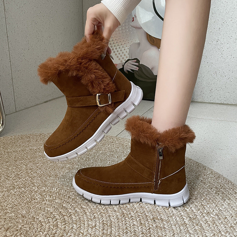 New Snow Boots Plush Ankle With Buckle Design Plus Velvet Flat Shoes
