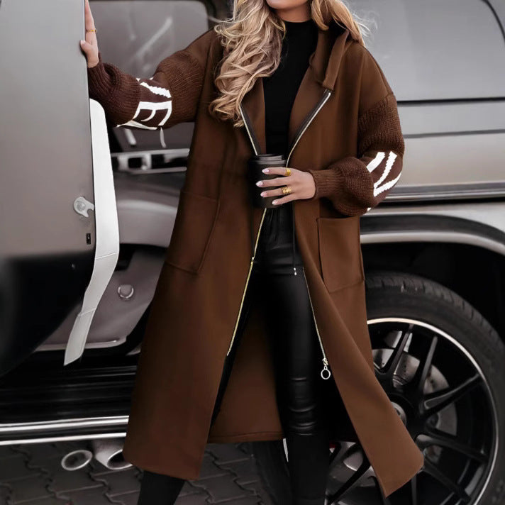 Women's Hooded Long Jacket Knit-Sleeved Trench Coat