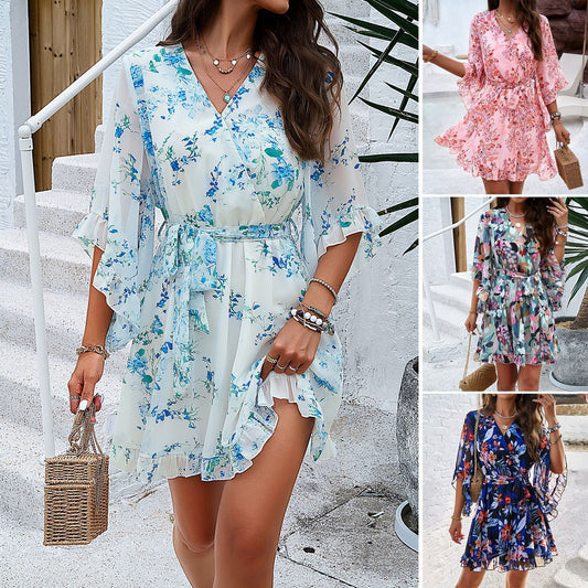 Summer Floral Print Short Sleeves Lace Up Ruffles Design V-neck Dress