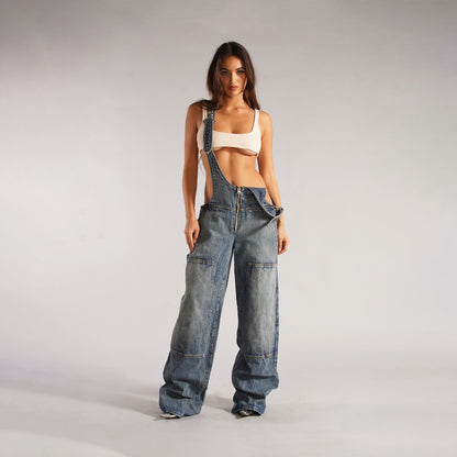 Y2K Zipper Denim Overalls Streetwear Fashion Loose Suspender Jumpsuit - 16th Avenue
