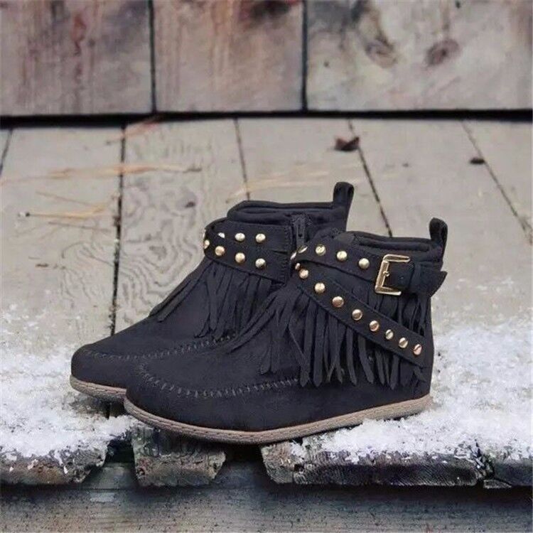 Women's Retro Ankle Rivet Tassel Flat Shoes