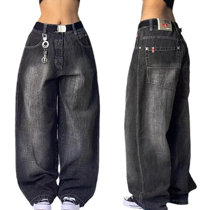 High Waist Retro Distressed Black Gray Wide-leg Jeans - 16th Avenue