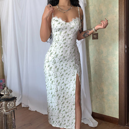 Summer Lace Flowers Print Long Sexy Fashion Slit Suspender Dress - 16th Avenue