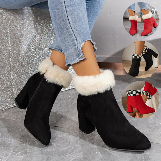 Plaid Print Plush Ankle Autumn Winter Fashion Boots