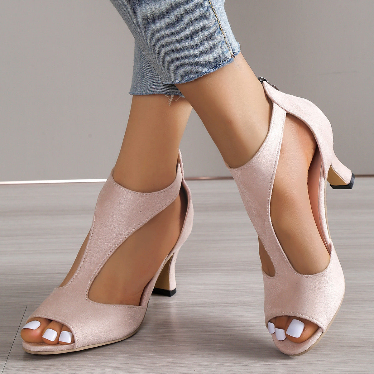 High Heel Peep Toe Sandals Back Zipper Outdoor Summer Shoes