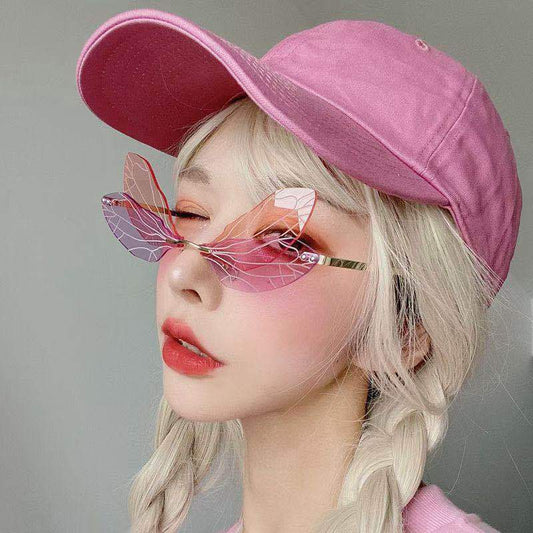 Frameless Trimming Women Dragonfly Wings Sunglasses