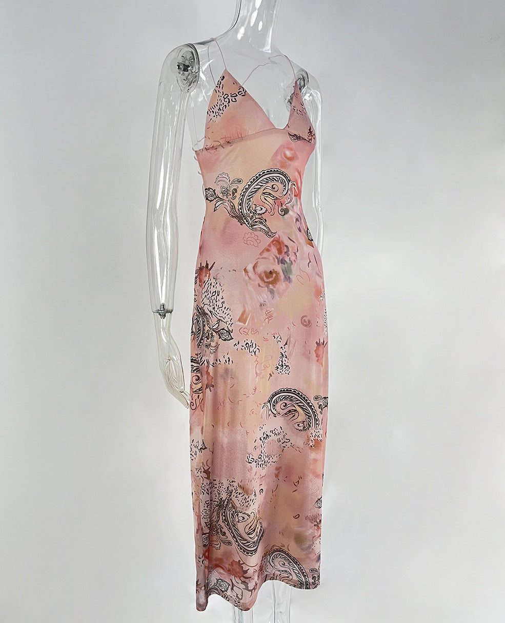 Sexy Spring Summer Floral Print Halter Spaghetti Strap Butterfly Back Dress