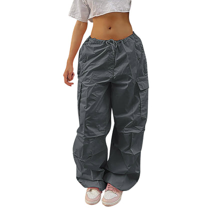 Casual Solid Color Drawstring Cargo Pants Pocket Design Street Fashion - 16th Avenue