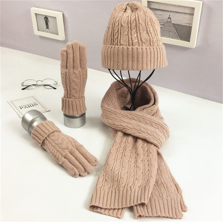 Ladies Fashion Solid Color Twist Warm Hat Scarf Glove Set