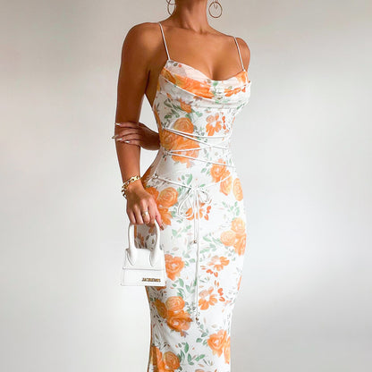 Waist Trimming Spaghetti Strap Printed Lace Up Dress - 16th Avenue