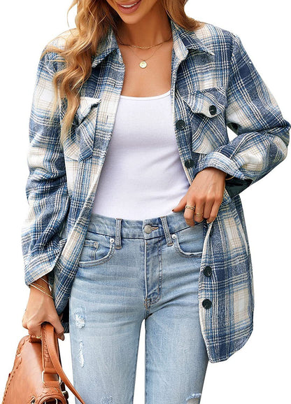 Women Oversized Check Button Shirt Jacket - 16th Avenue