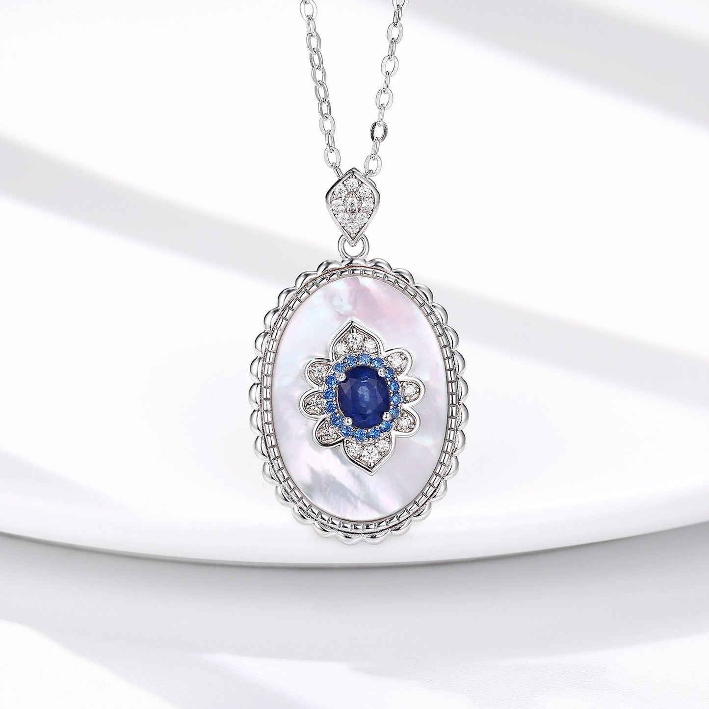 Sapphire Diamond Pendant 925 Sterling Silver Chain Necklace