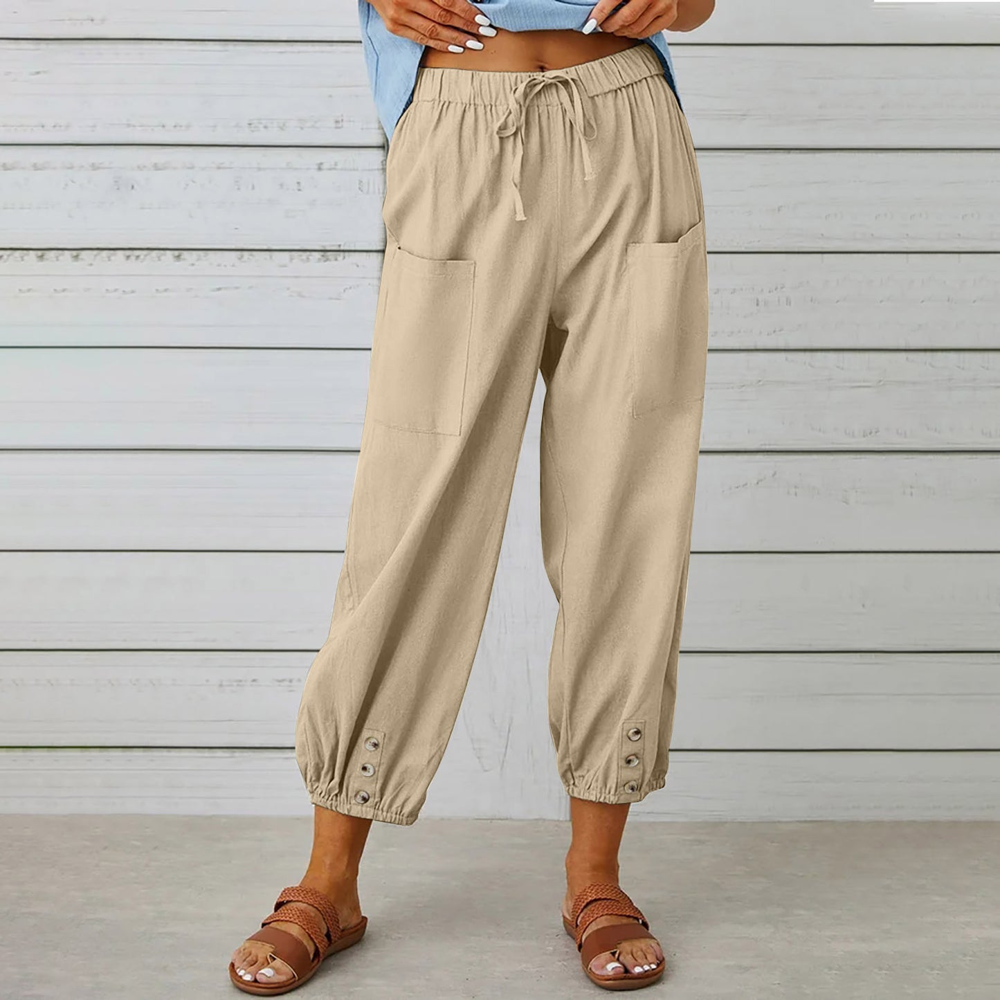 Women's Drawstring Spring Summer Cotton And Linen Trousers With Pockets Button